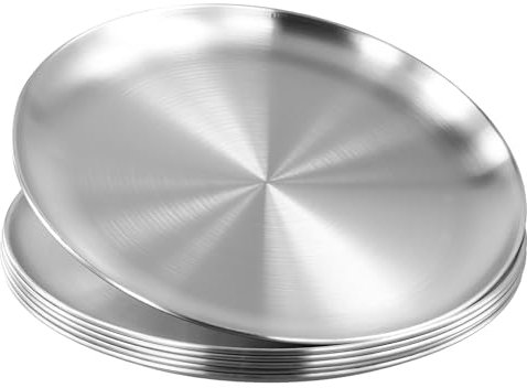 FUNSUEI Lot de 6 assiettes rondes en acier inoxydable de 26 cm - Assiettes rondes de camping - Assiettes rondes argentées pour le camping, la cuisine, les fêtes