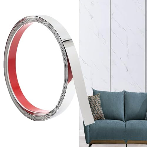 JUNART 600cm×2cm Moulure Murale en Acier Inoxydable, à Décoller et à Coller, Garniture Métallique Autocollante Flexible Pour Cheminées, Cadres de Miroir, Murs, Plafonds, Sols, Carrelages (Argent)