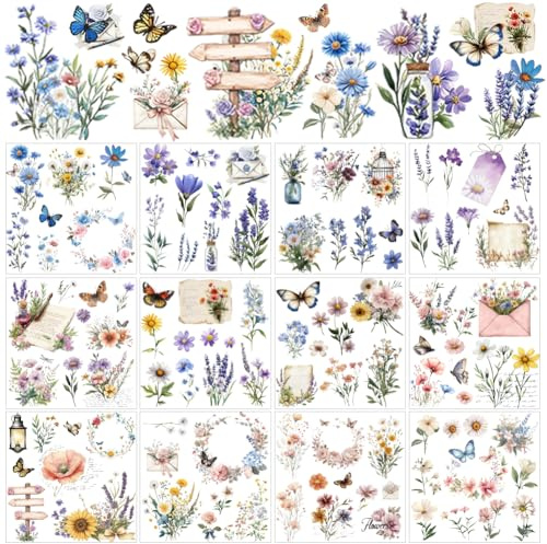 AHANDMAKER 12 Blätter Vintage Bouquet Rub auf Transfer-Aufkleber, Vintage Blumen Schmetterling Rub auf Transfers, Decals Rose Buch Aufkleber für Kunsthandwerk Glas Holz, 5.5x5.5“