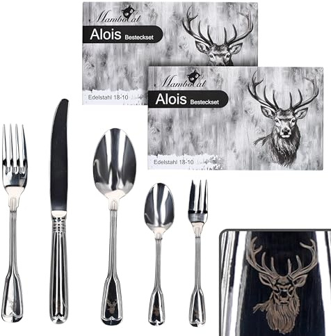 MamboCat Alois 60tlg Komplett-Besteck-Set I für 12 Personen I Augsburger Faden mit Hirsch-Design I aus rostfreiem poliertem 18/10 Edelstahl & Klingenstahl I Gabel, Messer & Löffel