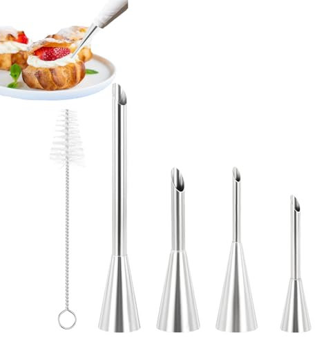 Douille à Pâtisserie Inox, Garnir des Cupcakes, Puffs Injection Seringue, Buse pour Crème, Accessoire Patisserie, Outils de Tuyauterie pour Décoration de Pâtisseries, avec Brosse de Nettoyage (4 pcs)