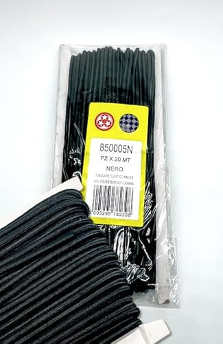 TUBOLARE ELASTICO per Cucito – Confezione da 20 Metri – Colori: Bianco e Nero (Nero, 2mm)