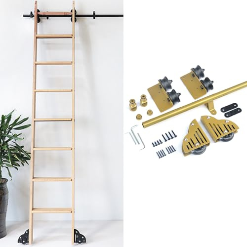 MarxaN 3,3-24 Fuß Bibliotheks-Schiebeleiter-Hardware-Kit, Rollleiter-Hardware, goldene, runde Stahlrohr-Mobilleiterschienen mit Bodenrollenrädern - ohne Leiter(600cm Gleisbausatz)