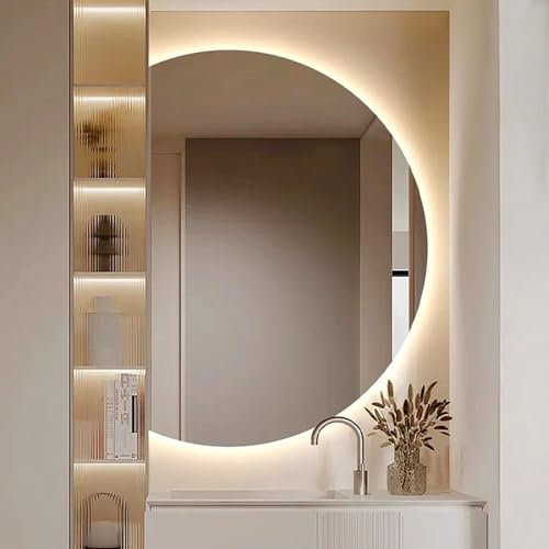 Mirocrafta Specchio da Bagno a Mezzaluna, Specchio da Trucco Intelligente Moderno, Specchio Anti-nebbia Senza Cornice, Luce a 3 Colori, HD Antideflagrante Sicurezza, Illuminato Dimmerabile(Left Cut,14