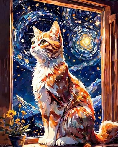 FLAJZ Malen Nach Zahlen Erwachsene, DIY handgemaltes Ölgemälde Set für Anfänger und Erwachsene, Acrylfarbe, Katze Kindergemälde, kreative Heimdekoration, Geschenk, Weihnachten