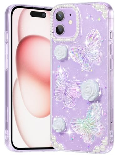 CASBST Compatible with iPhone 12 Case, Clear Case with Cute Butterfly Floral Pattern Design for Girls Women, Slim Soft TPU Protective Sparkle Glitter Cover for iPhone 12 (Crystal Butterfly)