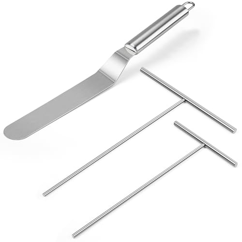 Crepe Spreader and Spatula Kit, Metal Handle Curved Offset Spacula 12, Stainless Steel 7 & 5 T-Shaped Batter Spreaders, Pancake Tool, Crepes Turner Sticks Fit Any Crepe Pan Maker, Pack of 3