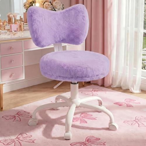 Cliporix Vanity Chair, Swivel Desk Office Chair, Fluffy Makeup Chair with Cute Bow Backrest, Height Adjustable, Double-layer Padded Cushion, for Bedroom Dressing Room Home Office (Purple)