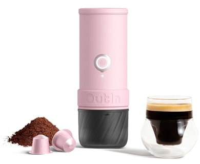 OutIn Mino Machine à Expresso Électrique Portable, Mini Cafetière de Camping de Voyage, Machine à Café Format Poche Auto-Chauffante, Compatible Café Moulu & Adaptateur Capsule NS (Rose Clay)