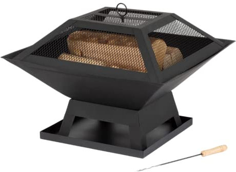 Square Fire Pit BBQ with Grill & Mesh Lid Outdoor Garden Brazier 45cm