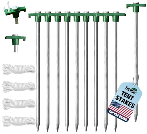 Eurmax USA Galvanized Non-Rust Camping Family Tent Pop Up Tent Stakes Ice Tools Heavy Duty 10pc-Pack, with 4x10ft Ropes & 1 Stopper,Green