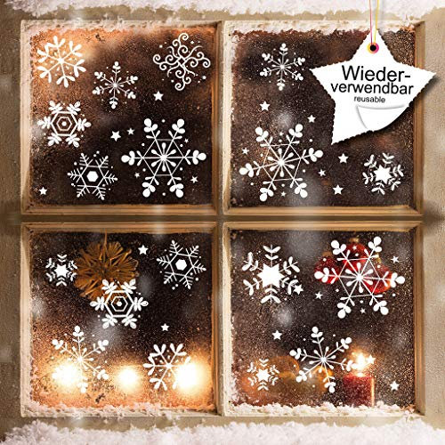 Wandtattoo Loft Fensterbilder Weihnachten mit Sternen & Schneeflocken – Wiederverwendbar – 2x A4 Bogen, 31 Sticker – Weihnachstdeko Fenster Kinderzimmer, Weihnachtsbilder Fenster, Fensterbild Winter