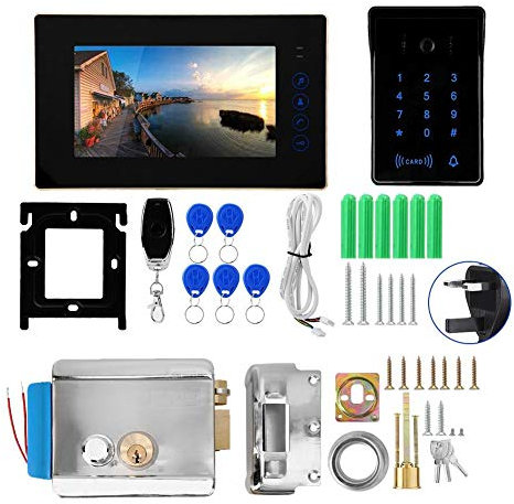 Zetiling 7 Inch Video Door Phone, Video Intercom with Passward Remote Keypad and Electronic Door Lock Exit Butto Remote System for Home and Office(UK)
