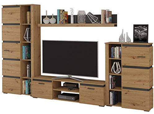 Wohnwand Faro, Wohnmöbell, Stilvoll, Wohnzimmer-Set, Elegante, Wohnzimmer Kollektion, TV-Lowboard, Vitrine, Wandregal, Hochschrank (Eiche Artisan)