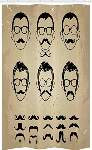 ABAKUHAUS Geek Rideau de Douche Stalle, Homme Visage Moustache Cheveux, Ensemble de Salle de Bain en Tissu en Crochets, 120 x 180 cm, Beige et Noir Coquille d'oeuf