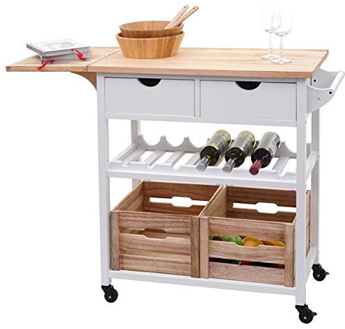 Mendler Servierwagen HWC-G35, Küchenwagen Rollwagen Küchenhelfer Beistellwagen Teewagen, Kiefernholz 89x119x41cm - Natur-weiß