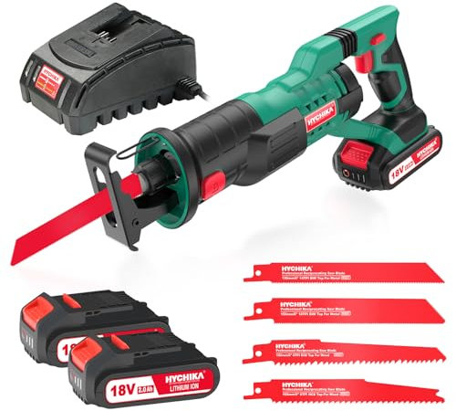 Sierra de Sable, Hychika 12V Sierra de Sable, Batería de 2x2,0 Ah, Velocidad Variable de 0 A 2800 SPM, 6 Cuchillas, Cargador Rápido, Luz Led, Ideal Para Cortar Madera Y Metal.