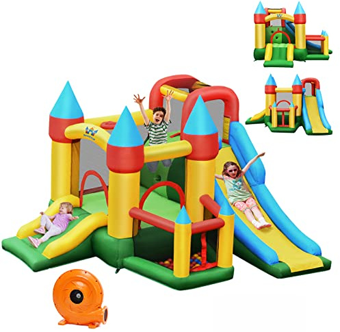 COSTWAY Château Gonflable avec 2 Toboggans et Souffleur | Maison de Saut et Piscine à Balles, Panier de Basket, 60 Balles, Charge 135kg, Aire de Jeux Gonflable pour Enfant de 3-10 Ans