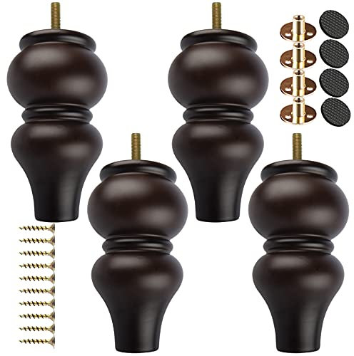 TCHOSUZ 6 inch / 15cm Wooden Furniture Legs, Pack of 4 Classic Walnut Solid Wood Turned DIY Replacement Bun Feet with M8 Hanger Bolts & T-Nuts for Sofa Couch Cabinet Ottoman Bed Riser