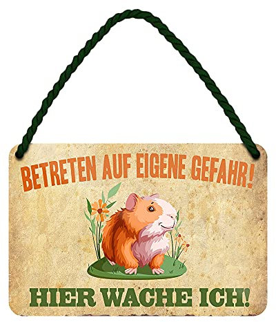 Hier wache ich Meerschweinchen Blechschild - Deko Metallschild mit Kordel und Saugnapf - Hängeschild für Stall Käfig Haus - Dekoration Zubehör - lustiges Hinweisschild Warnschild - 18x12cm