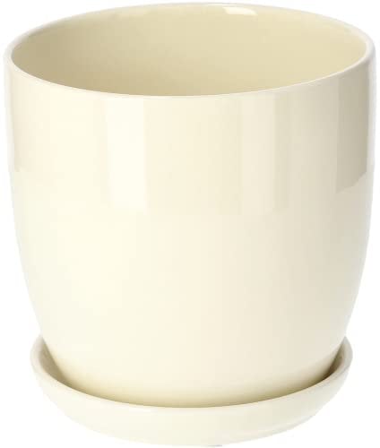 KOTARBAU® Macetero con Plato de Ceramica esmaltada, 17 cm, Maceta para Interiores y Exteriores, Tiesto Decorativo para Plantas, Beige, con Plato y Orificio de Drenaje