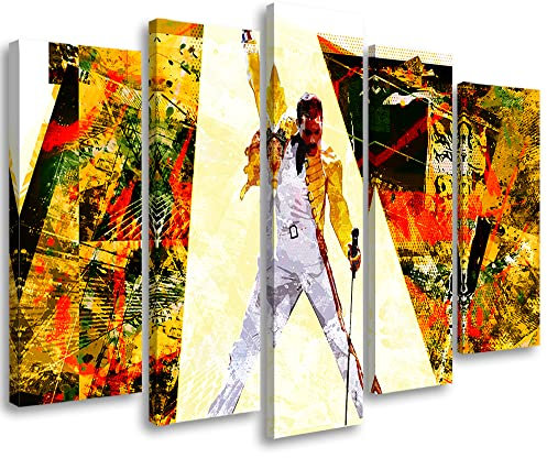 Feeby 5-teilig Vlies Leinwandbild 200x100 cm Freddie Mercury Porträt Abstrakt Wanddeko Design Kunstdruck Zimmerdeko Bilderwand Queen Popkultur Sängerin Orange
