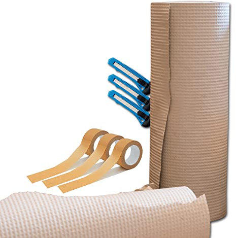 verpacking Polsterpapier 130 g/m² || ERSATZ FÜR LUFTPOLSTERFOLIE 30 cm x 70 m || + 3 Cuttermesser & 3 Rollen Papierklebeband
