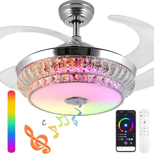 Retractable Crystal Ceiling Fan with Light and Remote/APP Control, Bluetooth Ceiling Fan with Speaker, RGB LED Light 6 Speeds Reversible Blades, Crystal Chandelier Ceiling Fan for Bedroom Living room