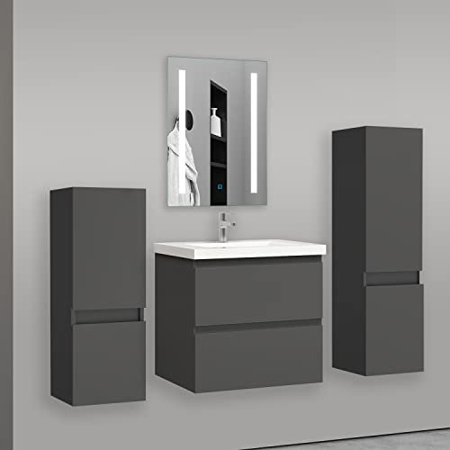 AICA sanitaire Ensemble de Meuble de Salle de Bain Anthracite Clair 60cm+Vasque+Miroir+Colonne Meuble Salle de Bain-Armoire de Rangement-Meubles-lavabos