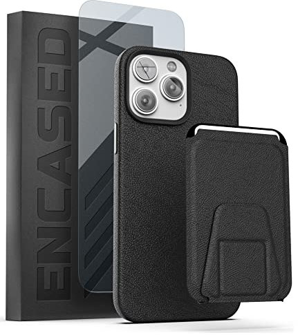 Encased MAG Case Wallet Set - Designed for iPhone 14 Pro Max Case, Black Leather with Kickstand Card Holder and Screen Protector (Compatible with MagSafe)