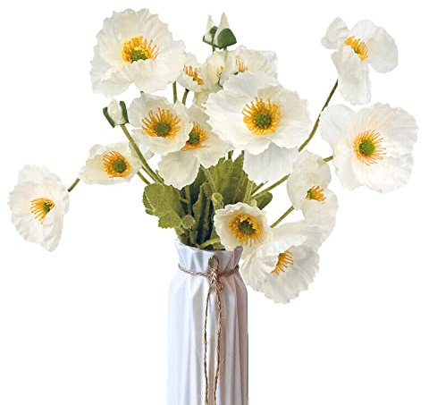 Ikosora Künstliche Blume, 5Pcs künstliche Mohnblumen, künstliche Mohnblume Lange Blumenstiele dekorative Vase, künstliche Mohnblume künstliche Dekoration Haus Hochzeit Dekorationen (Weiß)