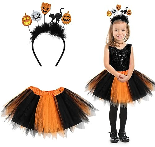 Aurasky Déguisement Halloween Fille, Costume Sorcière Enfant, Halloween Carnaval Tutu Orange, Costume Halloween Cosplay Fête Carnaval