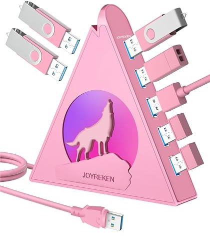 JoyReken 7 USB 3.0 Ports, Howling Wolf Pink USB Hub - 2FT Long Cable, Vertical USB Hub Expander Compatible with PC, Laptop, Flash Drive, HDD, Console, Printer, Keyborad, Mouse