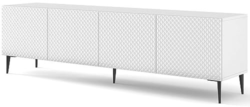 Domando Lowboard Monfalcone M2 Klassisch Breite 200cm, Push-to-Open-Funktion, besondere Fräsoptik, Hochglanz, Schwarze Füße in Weiß Matt Weiß Hochglanz und Schwarz