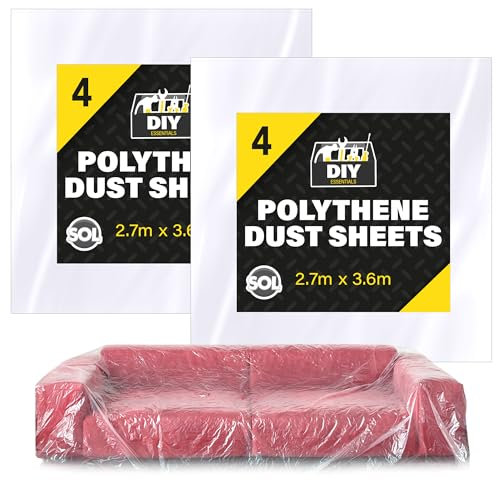 SOL 8pk Polythene Dust Sheets - Large 3.6m x 2.7m Plastic Sheets for Furniture & Painting, Dust Sheeting for Home Renovation, Durable Decorating Plastic Dust Covers