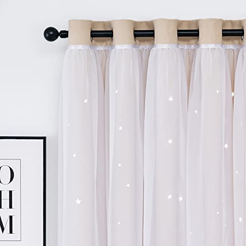 QINUO HOME Kinder-Vorhänge mit Voile, 54 Tropfen – Ösen-Sterne, Verdunkelungsvorhänge für Schlafzimmer, Fensterbehandlung, thermische doppellagige Fenstervorhänge, Sternausschnitt, 2 Paneele-Set, 228