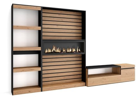 Skraut Home | Mobile Soggiorno TV | Parete Attrezzata Soggiorno | 320x186x35cm | Camino elettrico | Stile moderno | Rovere e nero