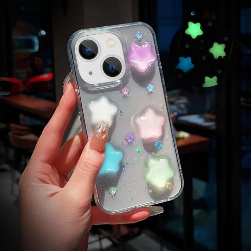 VALRION Kompatibel mit iPhone 13, leuchtende Hülle, 3D-Sterne, transparente Hülle, leuchtet im Dunkeln, nachtleuchtend, glitzernd, für Frauen, Mädchen, weich, schlank, TPU, stoßfest, beleuchtete