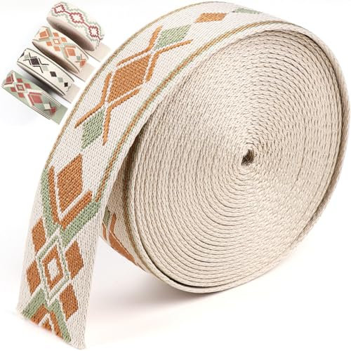 PECMER 3,8 cm langer Gurt – 6 Yards beigefarbenes Poly-Gurtband im Boho-Stil mit geometrischen Mustern für Gürtel, Handwerk, Haustierhalsbänder, Leine, Zelttasche
