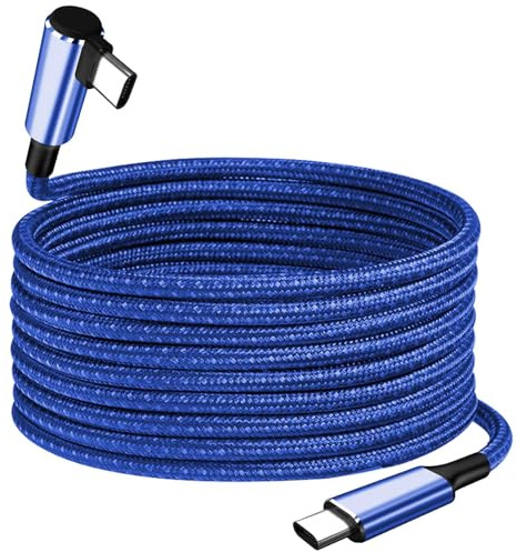 26FT 60W USB-C to USB-C Right Angle Long Charging Cable, Type-C Fast Charge Blue Long Nylon Braided Cord for Apple-iPhone 15,Sam-Sung Galaxy S24/S23,iPad Air,Google Pixel 9,One-Plus 11,PS5 Controller