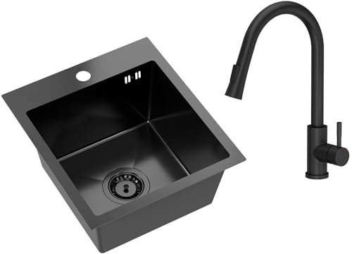 VBChome Edelstahlspüle mit Armatur 40 x 45 cm Schwarz Edelstahl Einbauspüle mit Hahnloch Küchenspüle Spüle Groß Becken Ablaufgarnitur Siphon Edelstahlspüle Mattschwarze Armatur ausziehbarem Auslauf