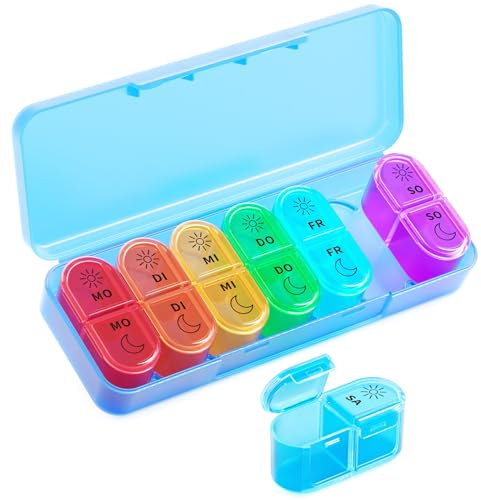 Tablettenbox 7 Tage Morgens Abends, Pillendose Woche 2 Fächer Groß, Medikamentenbox 7 Tage mit Pillenbox Kleinfür für Unterwegs, Tabletten Organizer 14 Tage Tragbare Tablettendose (Blau)