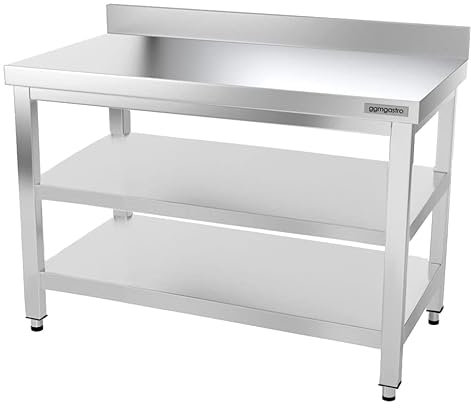 GGM Gastro | ATK147A#ZB | Edelstahl Arbeitstisch Premium - 1400x700mm - mit Grundboden, Aufkantung & Zwischenboden