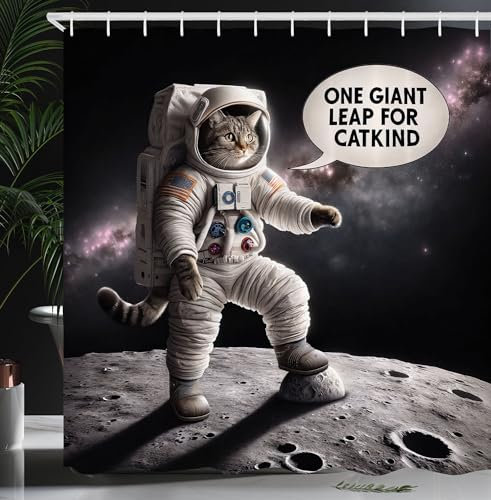 ABAKUHAUS Katze Duschvorhang, Verspieltes Astronauten Kätzchen betritt den Mond Erste Worte in Einer Sprechblase, Stoffliches Gewebe mit Haken, 175 x 200 cm, Dunkles Lila Grau Kokosnuss