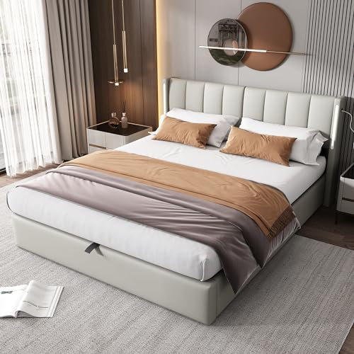 HYUB Polsterbett 180 x 200cm mit Lattenrost aus Metallrahmen, Hydraulisch Doppelbett mit Höhenverstellbarem Kopfteil, Boxspringbett Bettgestell mit Stauraum, PU-Leder, Grau (Ohne Matratze)