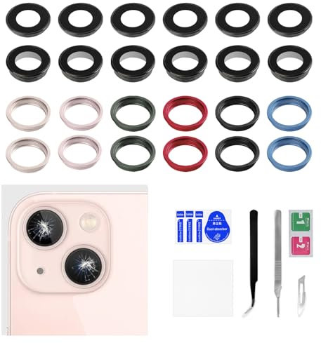 Risidamoy 6PCS for iPhone 13 Rear Camera Lens Cover Replacement for iPhone 13 Mini Green Pink Blue Midnight Starlight Red 6 Color Back Camera Lens Glass Metal Frame with Fix Tool Repair Kit Tweezer