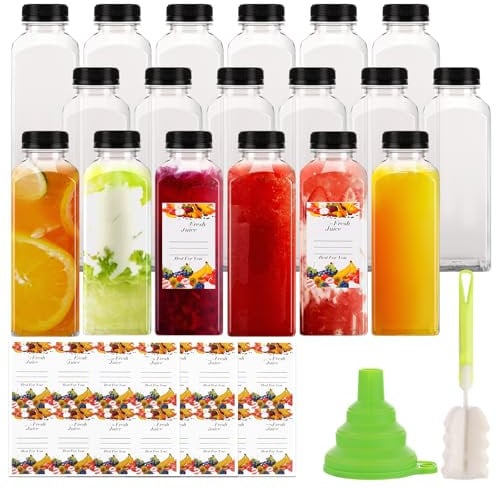 SHUESS 18 Pack 500ml Clear Plastic Juice Bottles with Lids - 16oz Smoothie Bottle with Seal Lids, Pouring Funnel and Brush - Reusable Sensory Bottles with fruit labels for Smoothie, Milk, Juicing