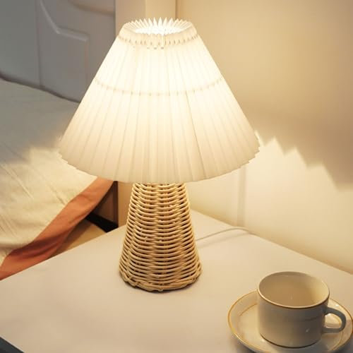 SIXRUN Lampe de Table Plissée Lampe de Chevet avec Base en Rotin Style Vintage Lumière Douce et Chaude pour la Décoration de la Chambre Lampe Plissée en Rotin