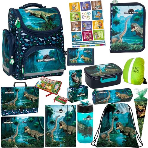 Goldkids - Schulranzen für Jungen und Mädchen, 15er-Set - Schul-Rucksack für Kinder mit Federmäppchen - Schuhbeutel Malunterlage Sammelmappe und Hausaufgabenheft - Dinosaurier Motiv - 1-3 Klasse