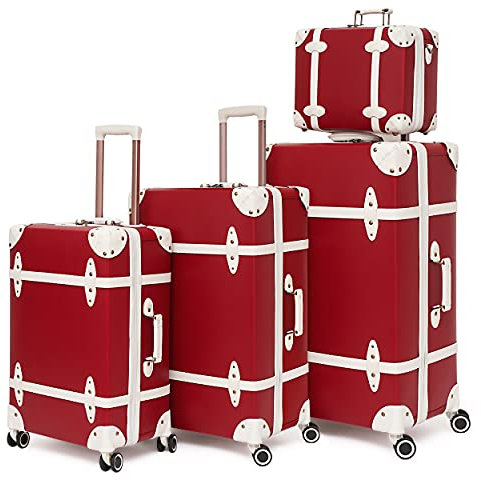 Urecity Vintage Reisekoffer Set 4 Teilig Leicht Retro Lederkoffer Hartschale Trolley Handgepäck Sets mit TSA Schloss und 8 Rollen (S-M-L-XL) (Rot, Kofferset)